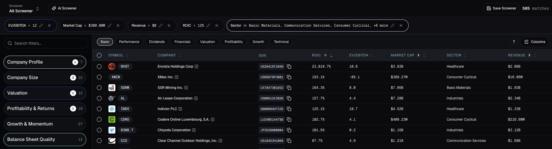 Studio with ROIC, EV/EBITDA, market cap, positive revenue and sector exclusions applied